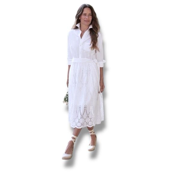 Frank & Eileen Grace Eyelet Midi Dress White Belted Classy Preppy Women’s Size S - Picture 16 of 16
